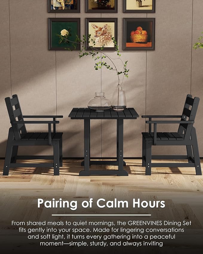GREENVINES 5-Piece-Outdoor-Dining-Set | HDPE | Square | Patio Furniture | All Weather | Removable Armrests | Slatted Table and Chairs Sets for 4 | for Backyard Poolside Garden | Black