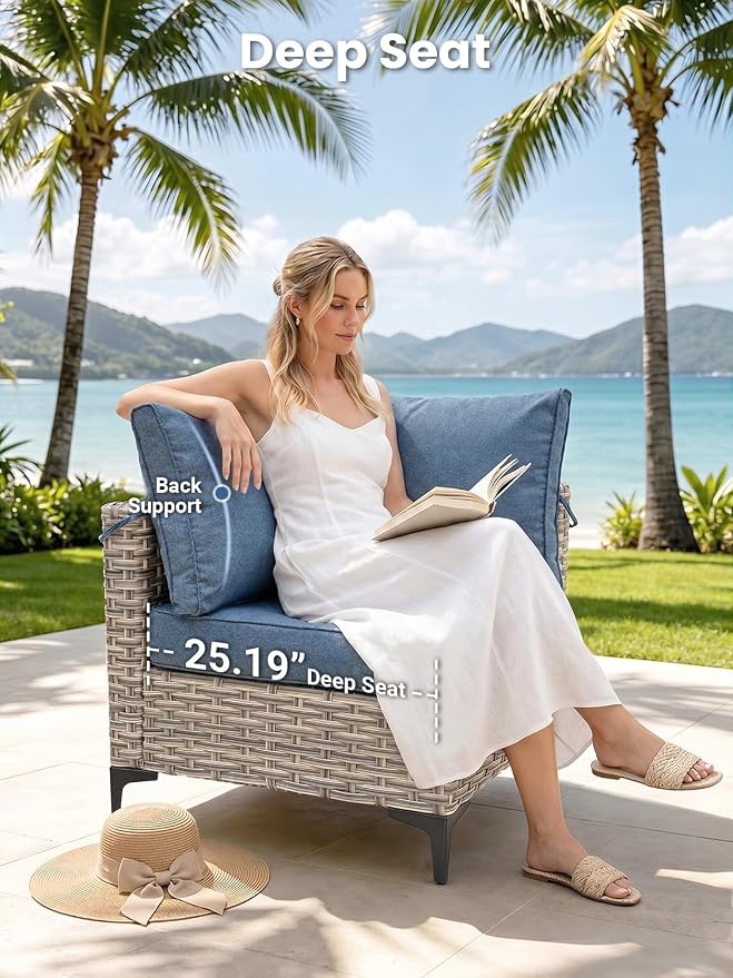 9-Piece Outdoor Patio Furniture Set with Fire Pit Table, Outdoor Conversation Wicker Sofa with Swivel Chairs, Rattan Couch with Coffee Table for Deck, Backyard, Poolside (Blue)