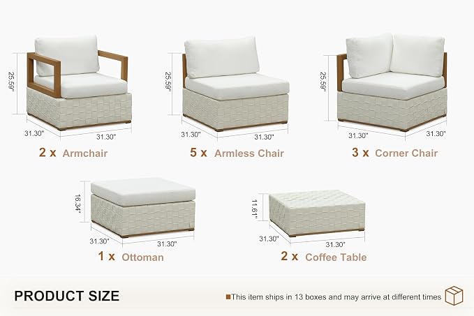 PURPLE LEAF Patio Outdoor Furniture Set 13 Pieces, Premium Leather Outdoor Couch Sectional Sofa, L-Shaped Patio Conversation Sets with Olefin Cushions, Patio Couch for Porch, Balcony, Garden, White