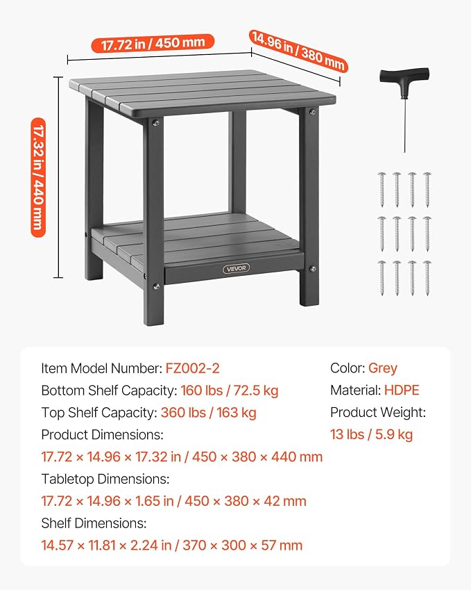 VEVOR Outdoor Side Table, 17.72W x 14.96D x 17.32H Inch, Double Layer HDPE Outside End Table for Easy Maintenance, Withstand Harsh Weather, Fit for Patio, Pool, Beach, Porch, Indoor, Backyard, Grey