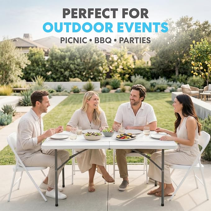 SIMPLI-Magic White Foldable Table (4FT), 2-Pack Indoor/Outdoor Folding Utility Tables with Carry Handle for Parties, Events, Crafts, and Picnics