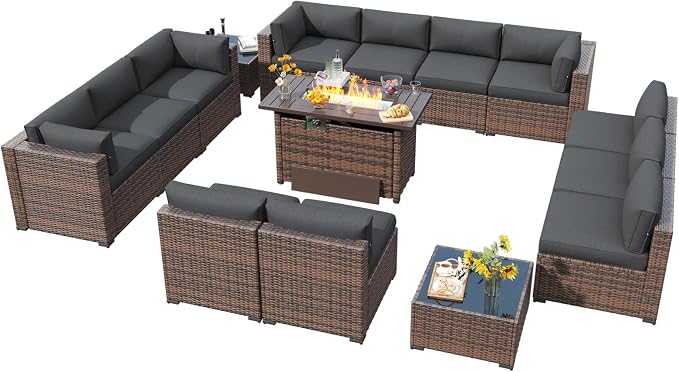 LazySunsets 15 Piece Outdoor Patio Furniture Set with 44'' Fire Pit Table, Outdoor Patio Furniture Set with 4'' Thicken Cushion, Wicker Rattan Outdoor Conversation Set for Backyard & Garden, Grey