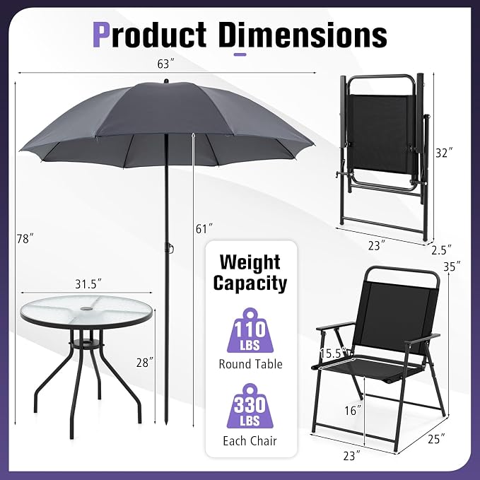 Tangkula 6 Pieces Folding Patio Dining Set, 4 Chairs and 31.5 inches Round Table, Patio Umbrella Included, for Indoor Outdoor Poolside or Balcony