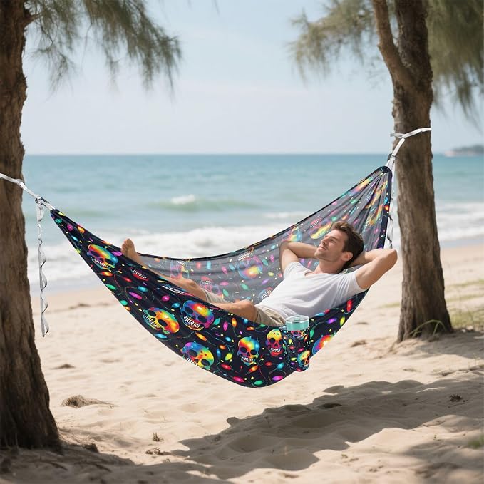 Camping Hammock Outdoor Hammocks for Outside Neon Skulls Beach Trees Portable Lightweight with Pockets Tree Straps Indoor