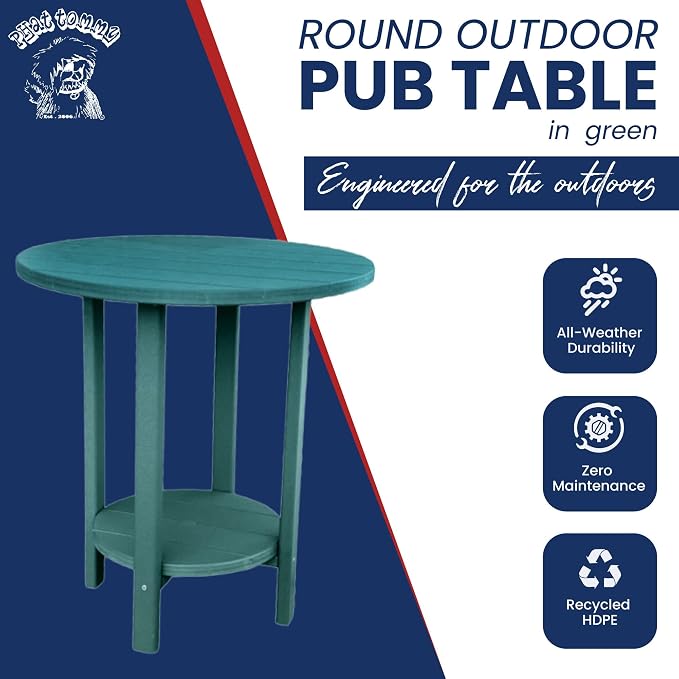 Phat Tommy Round Bar Height Patio Table - Outdoor Bar Table - Balcony Height Patio Furniture for Your Deck - Poly Outdoor Furniture, Green
