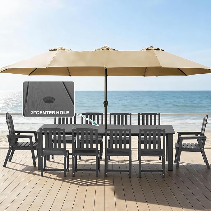 11 Piece Outdoor Table and Chairs Set, Large Patio Dining, Gray | 89.4” table,Large 10 seat patio dining set, mixed chair durable HDPE wood-look, fade and UV resistant for long-term outdoor