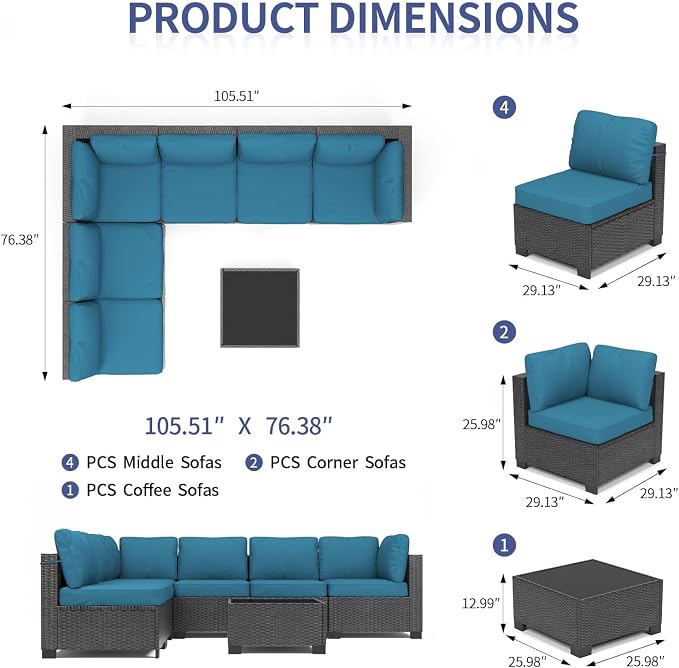 GAOMON 7-Piece Outdoor Patio Furniture Set, All-Weather Wicker Sectional Sofa with Thick Cushions and Glass Top Coffee Table, Modular Conversation Set for Garden, Balcony, Porch, Poolside