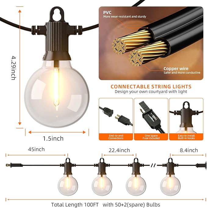 Kawaya G40 Outdoor String Lights 50FT IP65 Waterproof 2700K LED Patio Light | IP65 25+2 Shatterproof Edison Globe Blubs, 2700K Warm White for Garden Porch Fence Camping Party Backyard Deck Bistro Balcony
