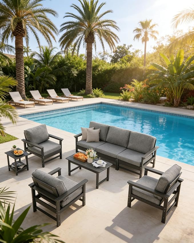 HDPE Outdoor Patio Furniture Set with Cushions, 7 Piece Patio Conversation Set Sofa Set,All Weather Outdoor Couch Set with Coffee Table for Lawn, Garden, Deck