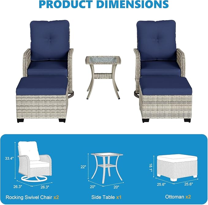 5-Piece Small Patio Furniture Set, Outdoor Swivel Rocking Chairs Set with Ottomans, Patio Bistro Set for Balcony, Deck, Porch, Navy Blue