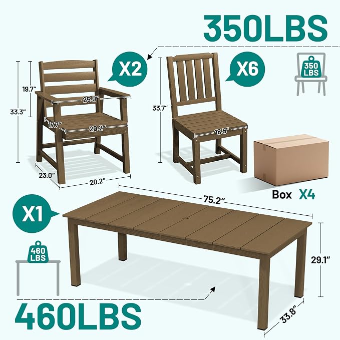 PLUUV 9-Piece Outdoor Patio Dining Set – HDPE Dining Table with Aluminum Legs and Umbrella Hole, 8 Chairs & 1 Table, All-Weather Patio Furniture Set for Garden Deck Backyard, Brown