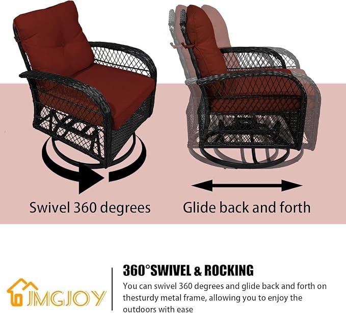 Outdoor Swivel Rocker Patio Chairs with Cushions，Outdoor Swivel Rocking Chairs Set of 2 with Rattan Side Table，360 Degree Swivel Seat Patio Furniture Set for Outside Porch Deck，3 Pieces