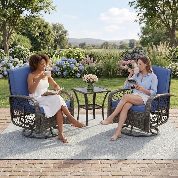 GarveeLife 3 Piece Swivel Wicker Patio Furniture Set, Outdoor Rattan Swivel Chairs with Side Table, All-Weather Conversation Set for Patio, Deck or Backyard, Gray Wicker with Blue Cushions