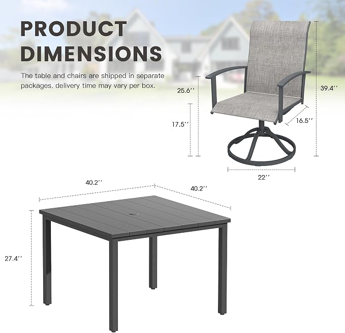5 Pieces Patio Dining Set, Outdoor Furniture of 40.2" Square Patio Table and Patio Swivel Chairs for Backyard Lawn Garden, Dark Grey Table and Grey Chairs