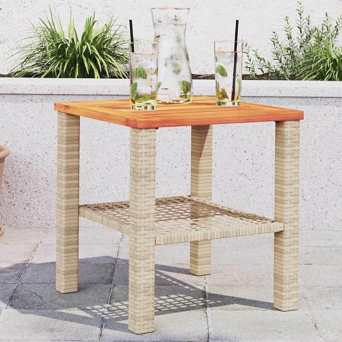 vidaXL Patio Table, Outdoor Coffee Table, Patio Furniture, Square Garden Table with Wooden Top for Lawn Backyard, Beige Poly Rattan Acacia Wood