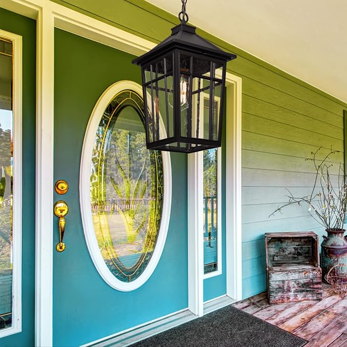 Darkaway Large Outdoor Pendant Light Fixture, 16inch Outdoor Hanging Light Porch Lights Fixtures Anti-Rust Waterproof Aluminum with Seeded Glass for Porch Entryway Doorway Farmhouse (Black，Large)
