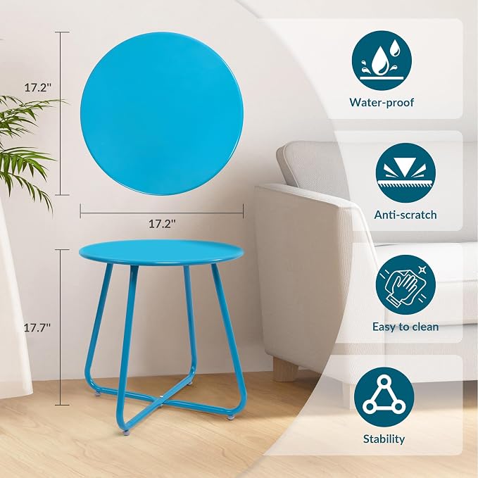 Patio Small Side Table Waterproof Round Metal Steel Weather Resistant Portable Outdoor and Indoor End Table for Garden Balcony Yard,Sky Blue