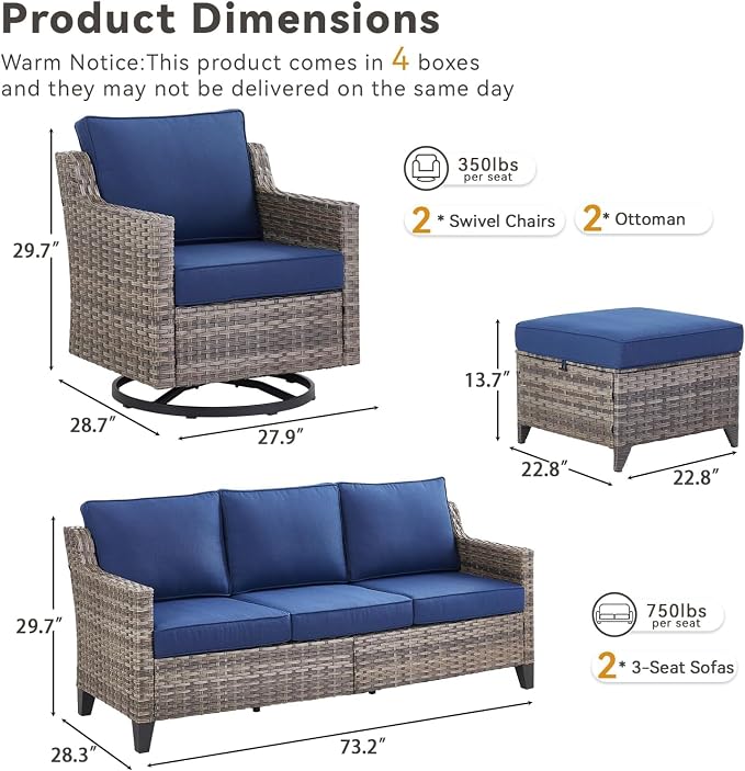 Outdoor Patio Furniture Set-6 Pieces High Back Outdoor Furniture Set Sectional Sofa with Wicker Swivel Rocker Patio Chairs,Thick Cushions Ottomans for Porch Balcony Patio Deck Grey/Blue
