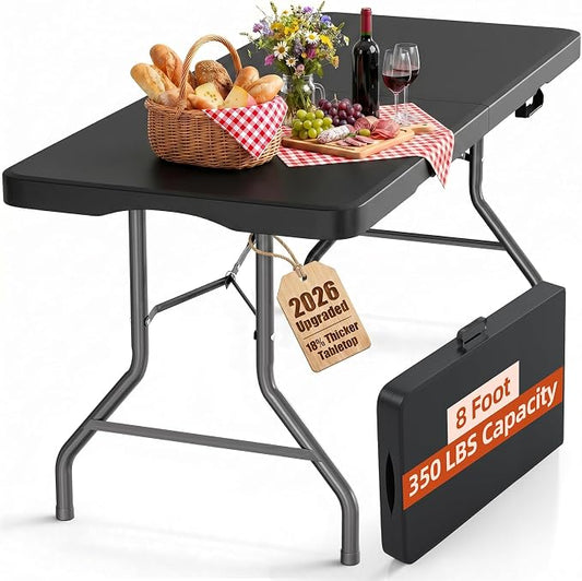Fenbeli 8FT Folding Table, 350 LBS Heavy Duty with 18% Thicker HDPE Waterproof Top, Fold in Half Portable Table with Carry Handle & Safety Locks, Steel Frame for Indoor Outdoor Party Events