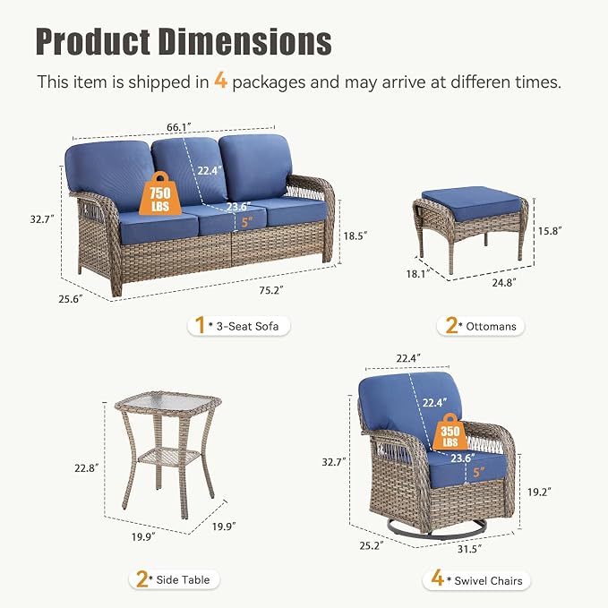 9 Pieces Outdoor Furniture Set, Swivel Rocker Patio Chairs Set of 4 Wicker 3 Seater Sofa with Ottmans Conversation Sets Patio Furniture for Deck Porch Garden Backyard, Blue