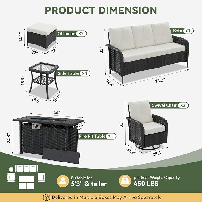 Aoxun 7-Piece Patio Furniture Set with 44” Fire Pit Table, Wicker Rattan Outdoor Sectional Sofa with High Back Swivel Rocker Chairs, Outdoor Patio Furniture Set with Thick Cushions & Ottoman, Beige