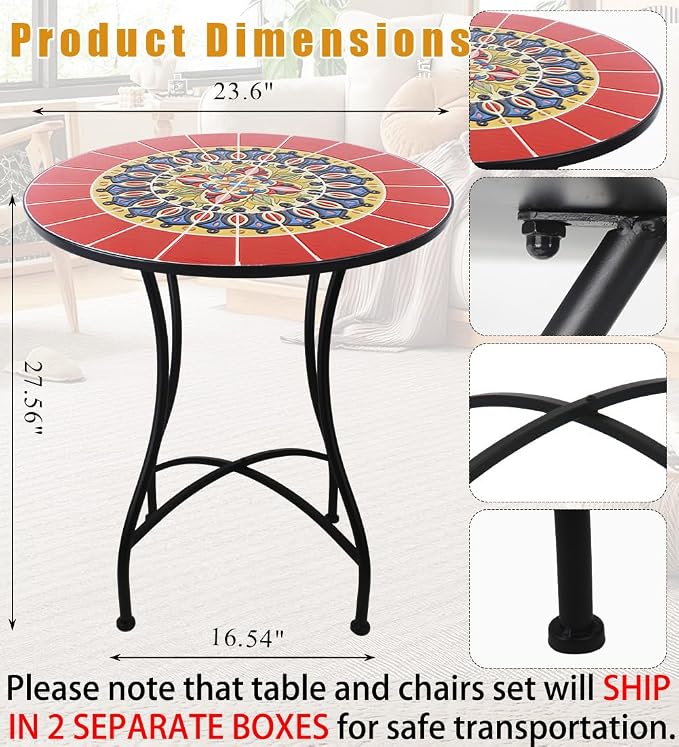 3 Piece Bistro Sets Mosaic Tile Round Table Folding Chairs Garden | Set of 3 Patio Furniture 23.6" Table and 2 Chairs Outdoor Bistro Chairs Artistic Table for Balcony Porch Apartment Backyard