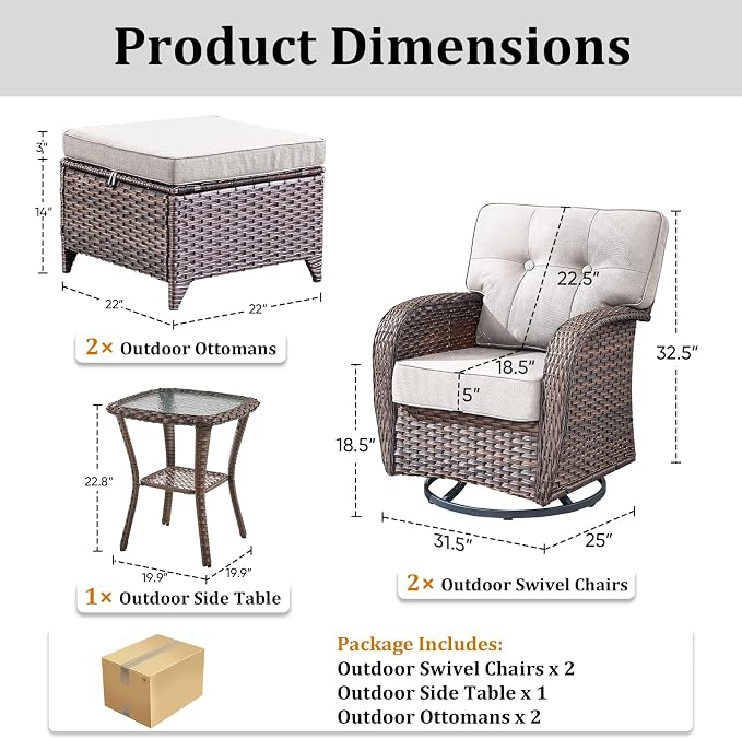 5 PCS Patio Furniture Set Outdoor Sectional Sofa Couch with Rocking Swivel Chairs 5" Deep Seat Chairs, Modern Wicker Rattan Conversation Set, Beige/Brown Wicker