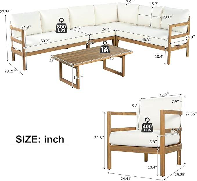 Merax Outdoor Acacia Wood 6-Seater Sectional Sofa Set with Cushions, Wood Patio Modular Lounge with Corner & 1 Table & 1 Club Chair for Balcony, Deck, Garden, Beige + Light Brown