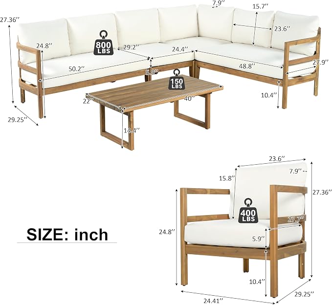 Merax Outdoor Acacia Wood 7-Seater Sectional Sofa Set with Cushions, Wood Patio Modular Lounge with Corner & 1 Table & 2 Club Chairs for Balcony, Porch, Garden, Beige + Light Brown