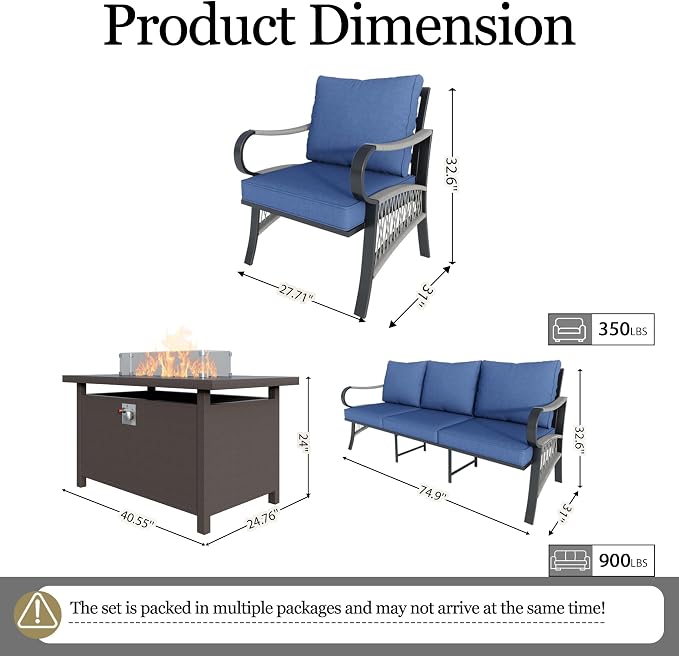 4-Piece Outdoor Furniture Set, Patio Conversation Set Include 3-Seater Sofa Couch Single Chairs with Fire Pit Table for Deck, Porch, Garden, Backyard, Poolside (Blue Cushions)