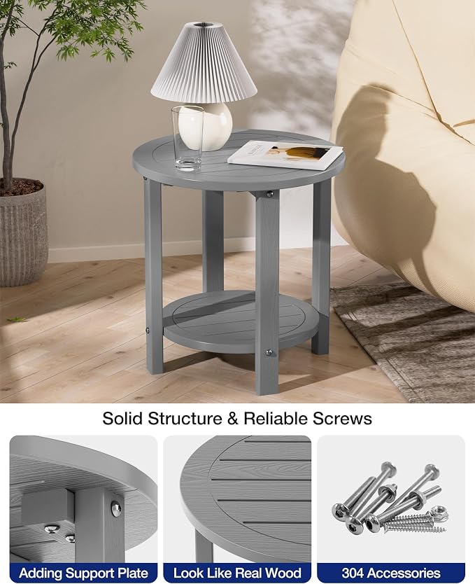 YEFU Outdoor Side Table for Patio: 16in HIPS Small Round Outdoor End Table - 2-Tier Adirondack Tables for Patio Porch Yard Poolside Living Room Beach Bedroom (Grey, 1 Pack)