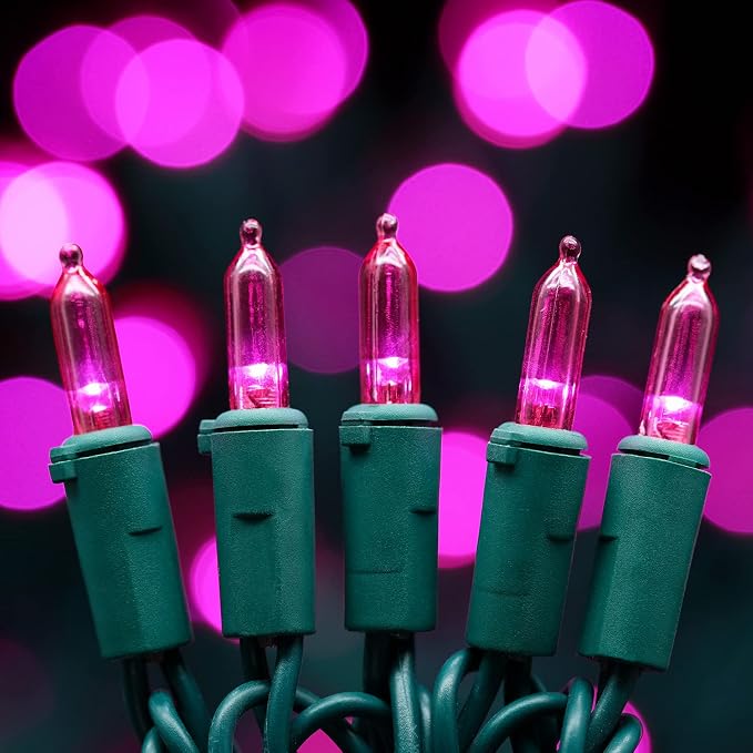 YULETIME 200 Pink LED Christmas Lights, 66 ft Green Wire UL String Light | Stay Lit, End-to-End Connectable, UL Certified, Commercial Grade, 1-Strand 200 Lights, 4" Spacing