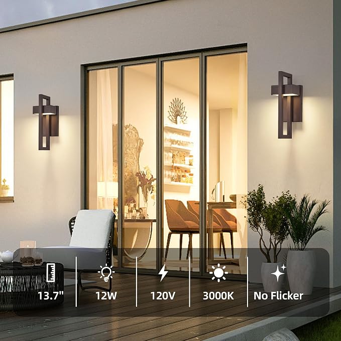 Modern LED Outdoor Wall Sconce Brown Outdoor Lights for House, 13.7'' LED Exterior Lighting Fixtures Outside Wall Mount Lights for Front Porch Hallway, Warm White 3000K, 2 Pack
