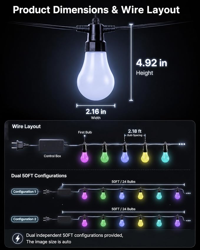 27FT RGBW Outdoor String Lights Shatterproof Dimmable Patio | IP65 Waterproof, 200+ Dynamic Modes, Music Sync, App & Remote Control, Zip Ties Included, -4°F to 158°F Weatherproof