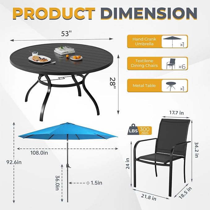 Incbruce 8 PCS Patio Dining Set with Sky Blue Umbrella, Outdoor Dining Set of 6 Textilene Chairs and 53" Round Table with Umbrella Hole for Backyard, Garden, and Poolside (Black)