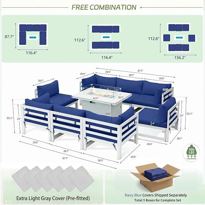 RADIATA 9 Piece L Shaped Contemporary Aluminum Outdoor Furniture Set with Firepit, 29 inch Deep Wide Large Couch Set, 500 lbs High Weight Capacity Modular Patio Sectional Sofa for Exterior, Navy Blue