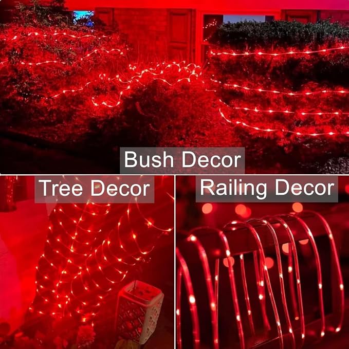 QITONG Red Solar Halloween Lights, 66ft 200 LED Solar Rope Lights Outdoor, 8 Modes Fairy Lights in Clear Thin Tube