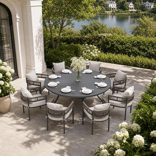 VICLLAX Patio Dining Set, 63" Dark Grey Table & 6 Chairs with Wheat Cushion | Outdoor Table and Chairs Set of Round Metal Patio Table, Outdoor Dining Chairs with Metal Frame, Garden Deck Porch