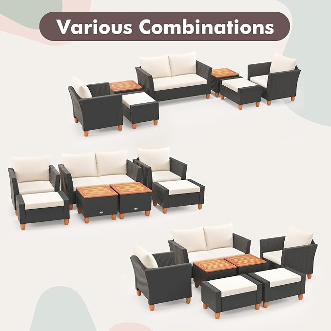 Tangkula 7 Pieces Patio Furniture Set, PE Rattan Sectional Sofa Set with Loveseat, Armchairs, Ottomans & Table, Acacia Wood Tabletop, Outdoor Conversation Set for Porch, Garden & Poolside
