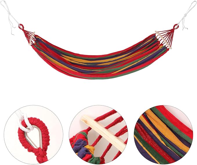 Double Camping Hammock with Anti-Tip Design, 2-Person Wide Striped Canvas Outdoor Garden Travel Hammock with Duckbill Buckle, 150Kg Load Capacity for Backpacking and Patio Use