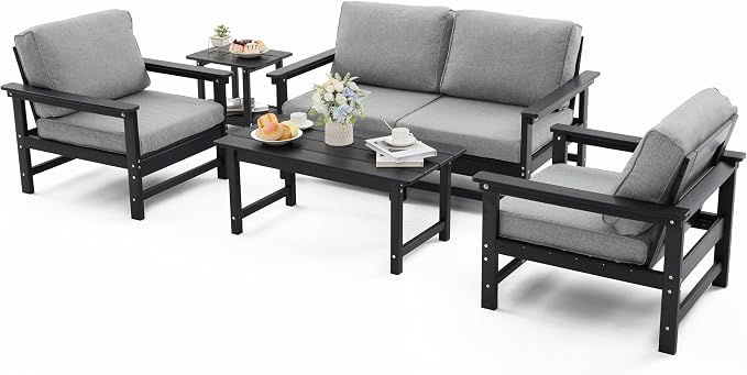 HDPE Outdoor Patio Furniture Set with Cushions, 6 Piece Patio Conversation Set Sofa Set,All Weather Outdoor Couch Set with Coffee Table for Lawn, Garden, Deck