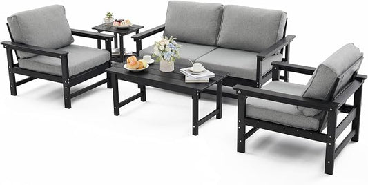 HDPE Outdoor Patio Furniture Set with Cushions, 6 Piece Patio Conversation Set Sofa Set,All Weather Outdoor Couch Set with Coffee Table for Lawn, Garden, Deck