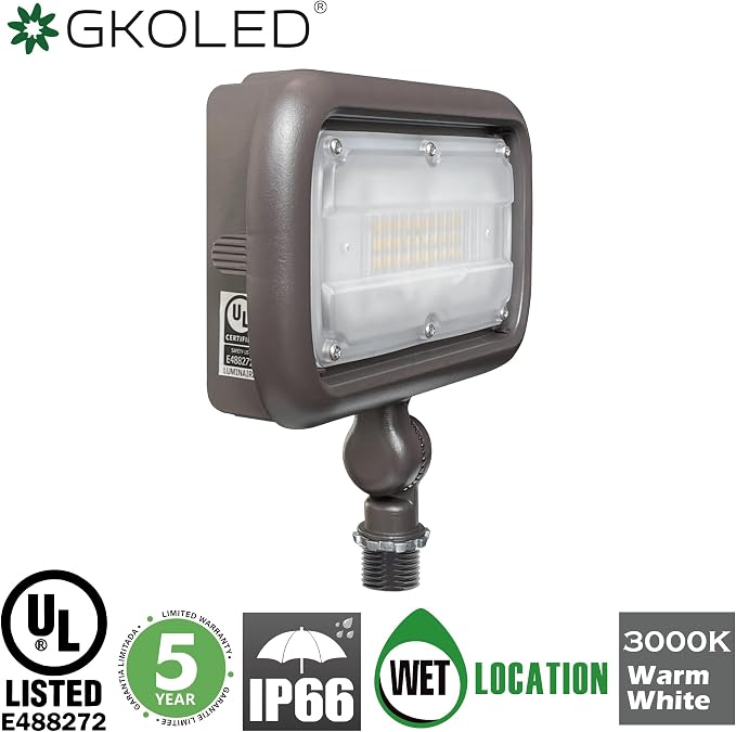 30W LED Floodlight, Outdoor Security Fixture, Waterproof, 100W PSMH Replace, 2700 Lumens, 3000K Warm White, 70CRI, 120-277V, 1/2" Adjustable Knuckle Mount, UL-Listed (Pack of 6)