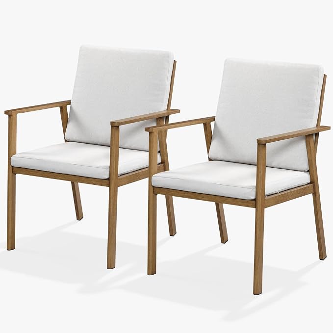 Outdoor Patio Dining Chair Set of 2, Never-Rust Outdoor Aluminum Patio Chairs with Thickened Cushions, Patio Dining Furniture Chairs Set for Garden, Backyard, Porch, Lawn, Teak