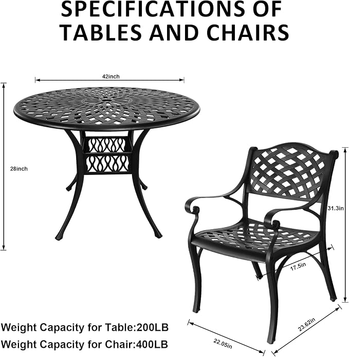 5 Piece Cast Aluminum Outdoor Dining Set, Outdoor Table and Chairs Set of 4, Patio Dining Set with 4 Chairs and 42" Round Table, Patio Conversation Set with 1.97" Umbrella Hole