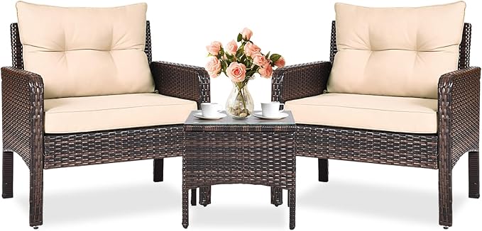 KOTEK 3 Piece Patio Furniture Set, Outdoor Wicker Conversation Bistro Set with 4 Cushions, All Weather PE Rattan Furniture Set for Garden, Backyard, Porch, Poolside (Beige)