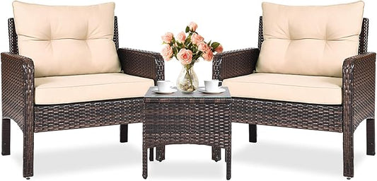 KOTEK 3 Piece Patio Furniture Set, Outdoor Wicker Conversation Bistro Set with 4 Cushions, All Weather PE Rattan Furniture Set for Garden, Backyard, Porch, Poolside (Beige)