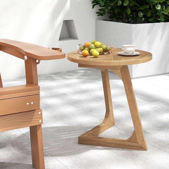 Giantex Teak Wood Outdoor Side Table Set of 2, Round Patio End Table with Slatted Tabletop, Waterproof Sofa and Couch Side Table for Porch, Poolside, Living Room, Small Spaces, Easy Assembly, Natural