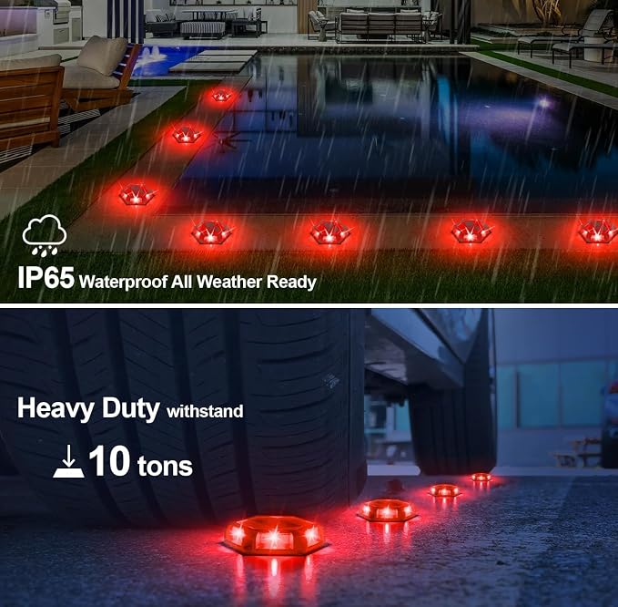 Solar Dock Lights Driveway Deck Lights - 24 Packs Waterproof Outdoor LED Aluminum Dock Lighting Warning Step Light for Driveway Sidewalk Garden Pathway Yard (Red)