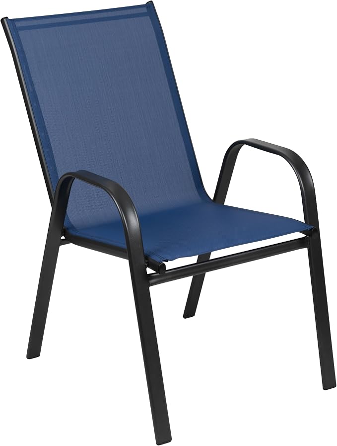 Merrick Lane Bardwell 7-Piece Outdoor Dining Table Set for 6, Glass Top Table with Hole for Umbrella, 6 Breathable Textilene Stackable Patio Chairs, Navy/Black